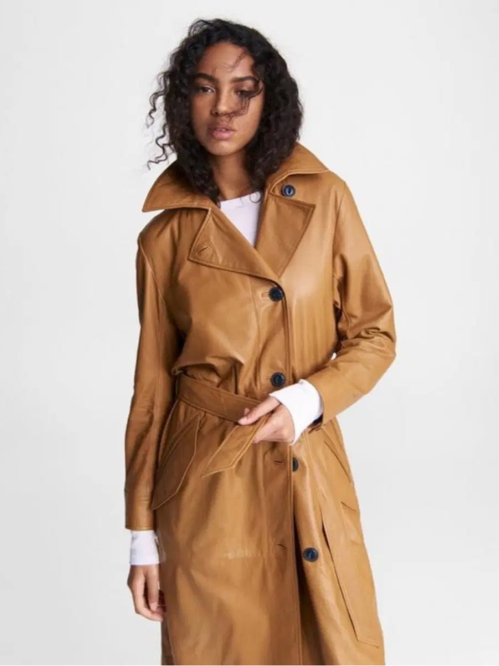 rag & bone Tan Leather Trench Coat with Waist Tie